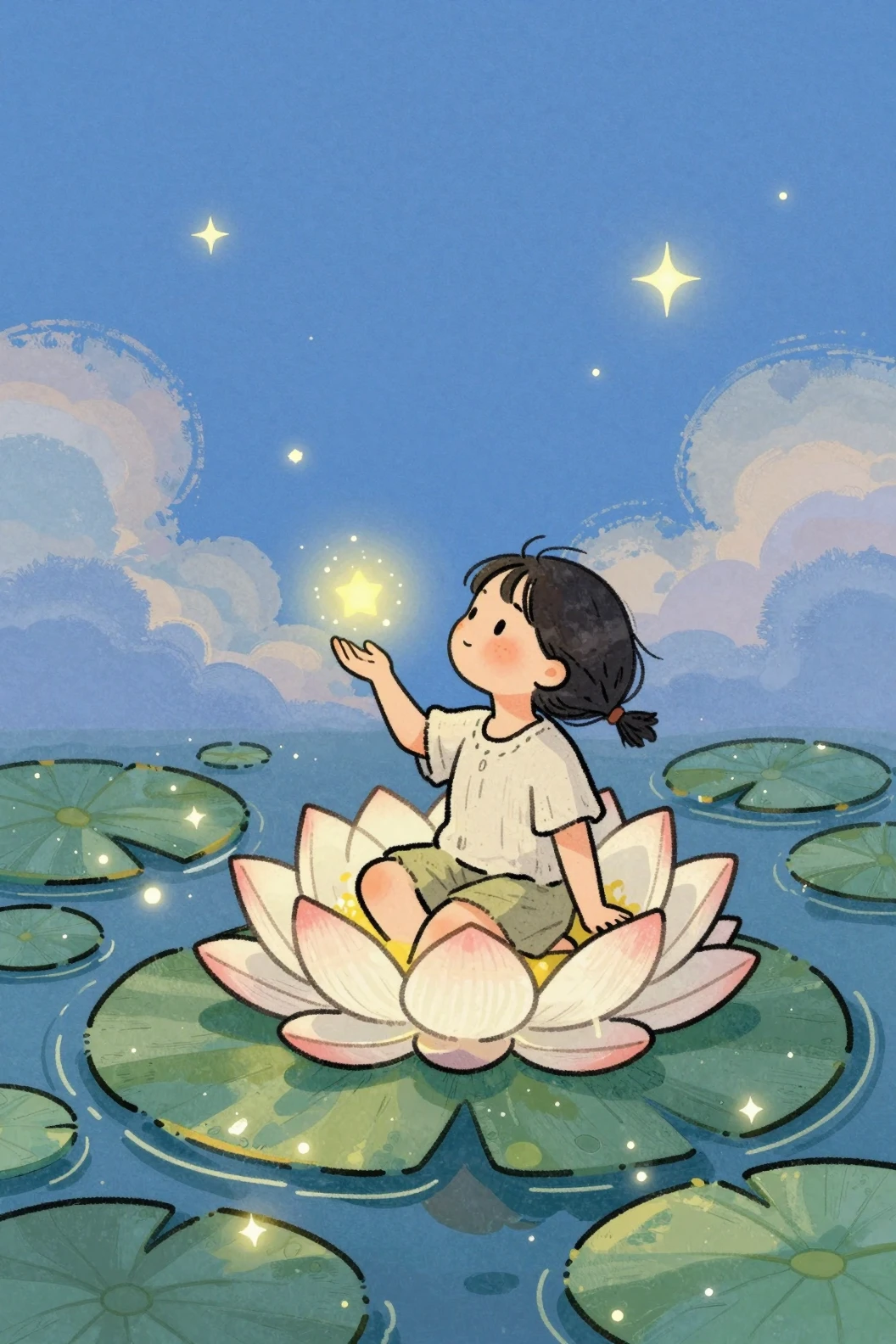 Adorable fillette sur un nénuphar dans un étang magique au crépuscule