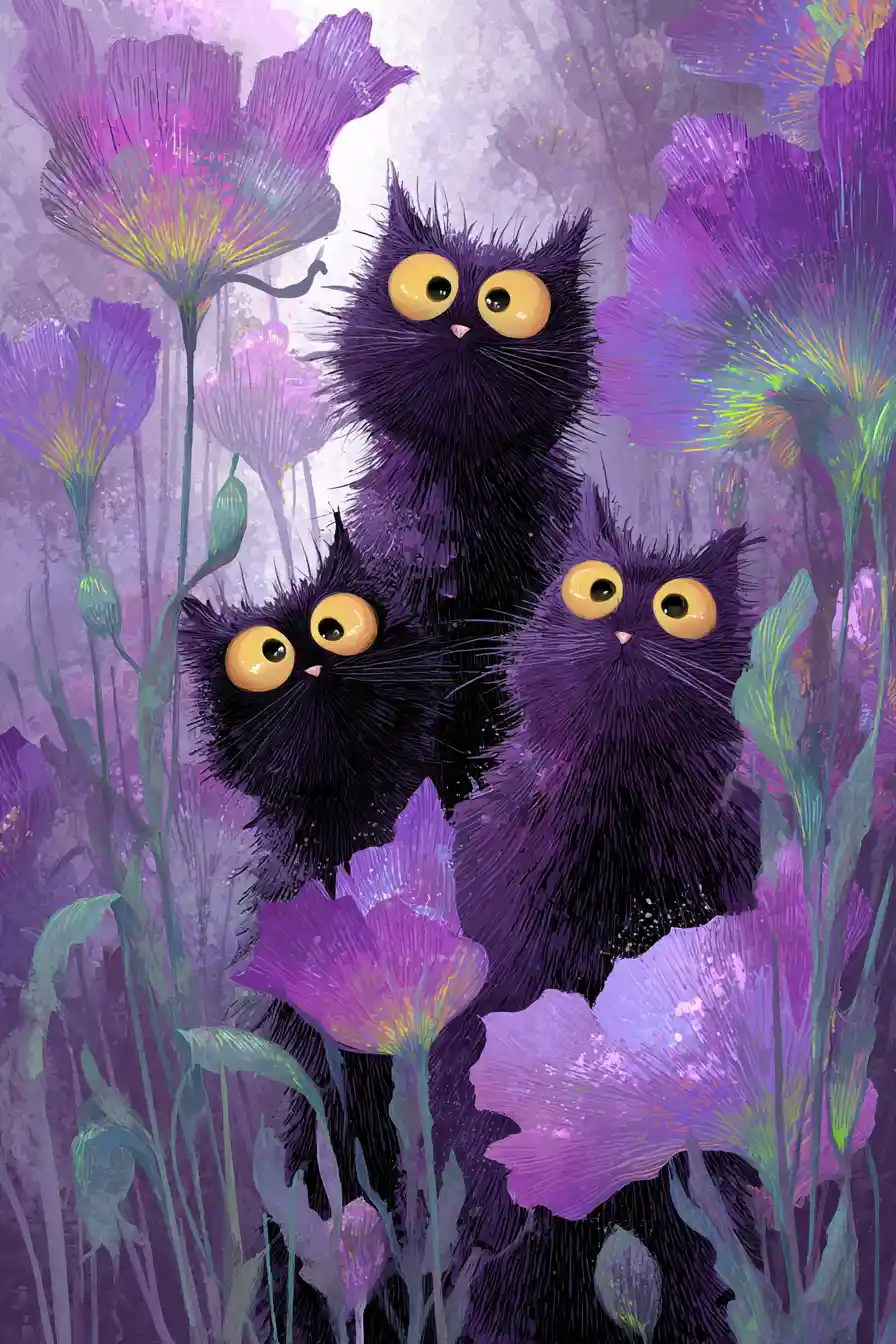 Gatti viola fiabeschi nascosti tra fiori luminosi