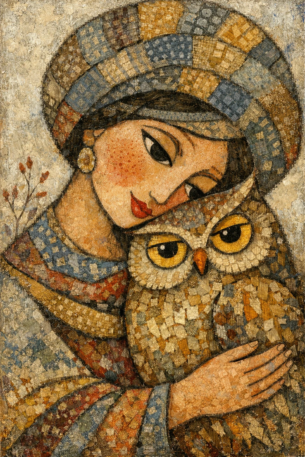 Mulher em mixed media abraçando uma coruja em suave harmonia