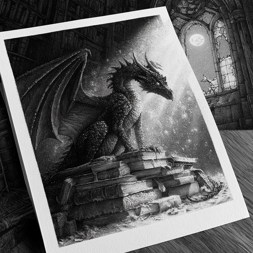 Dragão Majestoso de Tinta Sobre Livros Antigos em Biblioteca Gótica