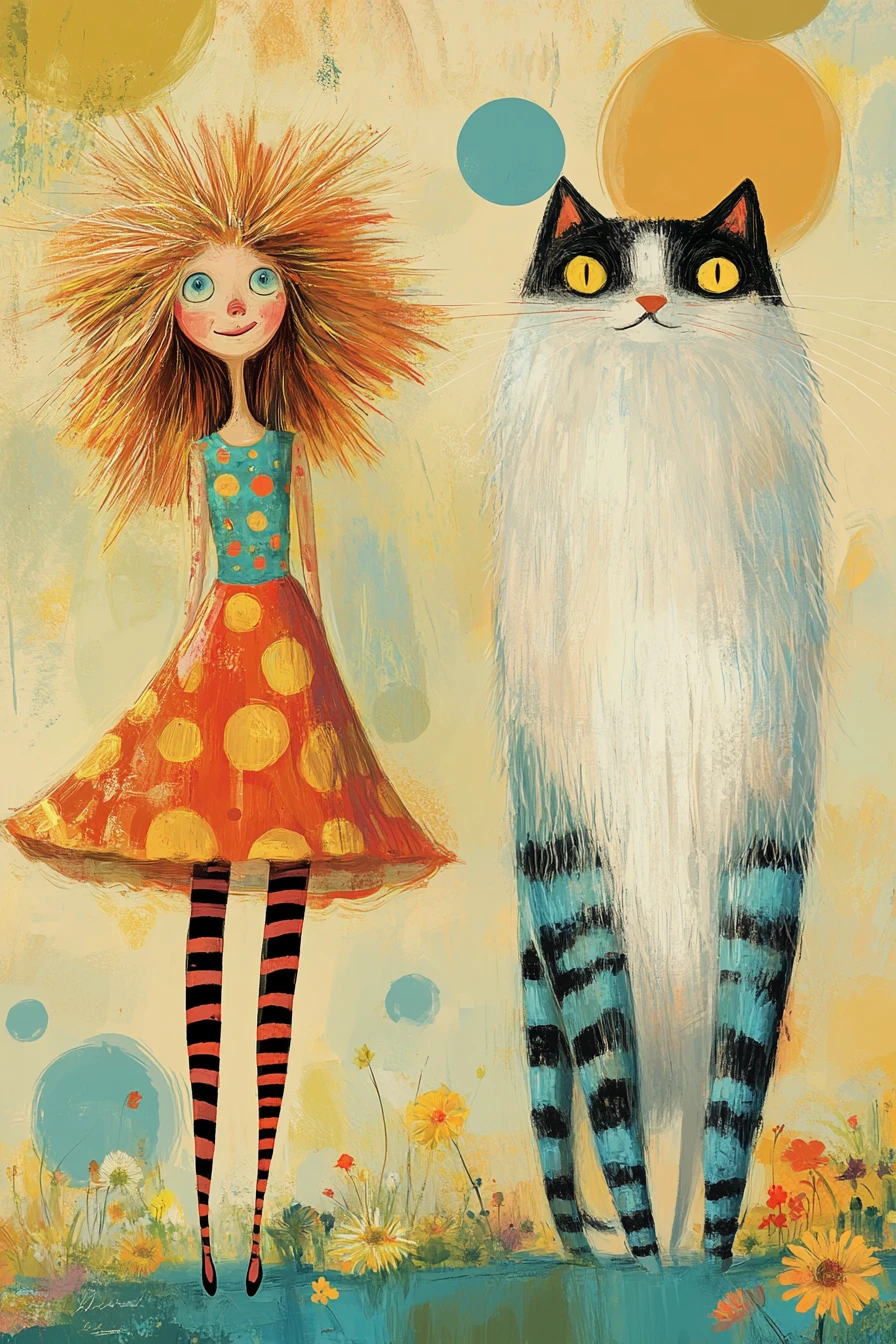 Mulher fantasiosa com gato gigante e fofinho em ilustração vibrante