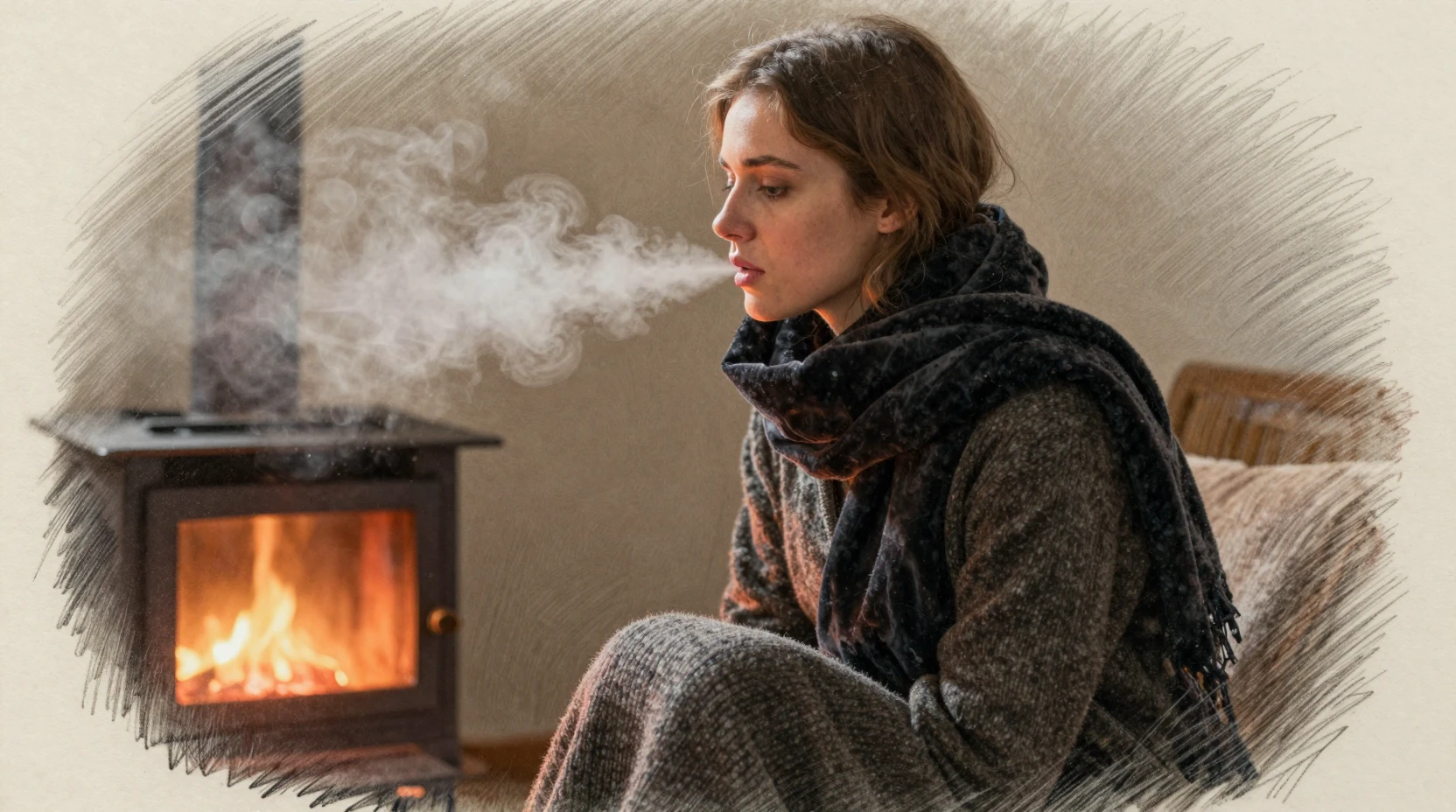 Young woman exhaling misty breath in warm stove light