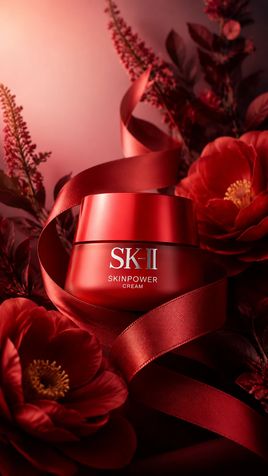 Luxuriöse rote Kosmetikflasche mit Schleife und Blumen
