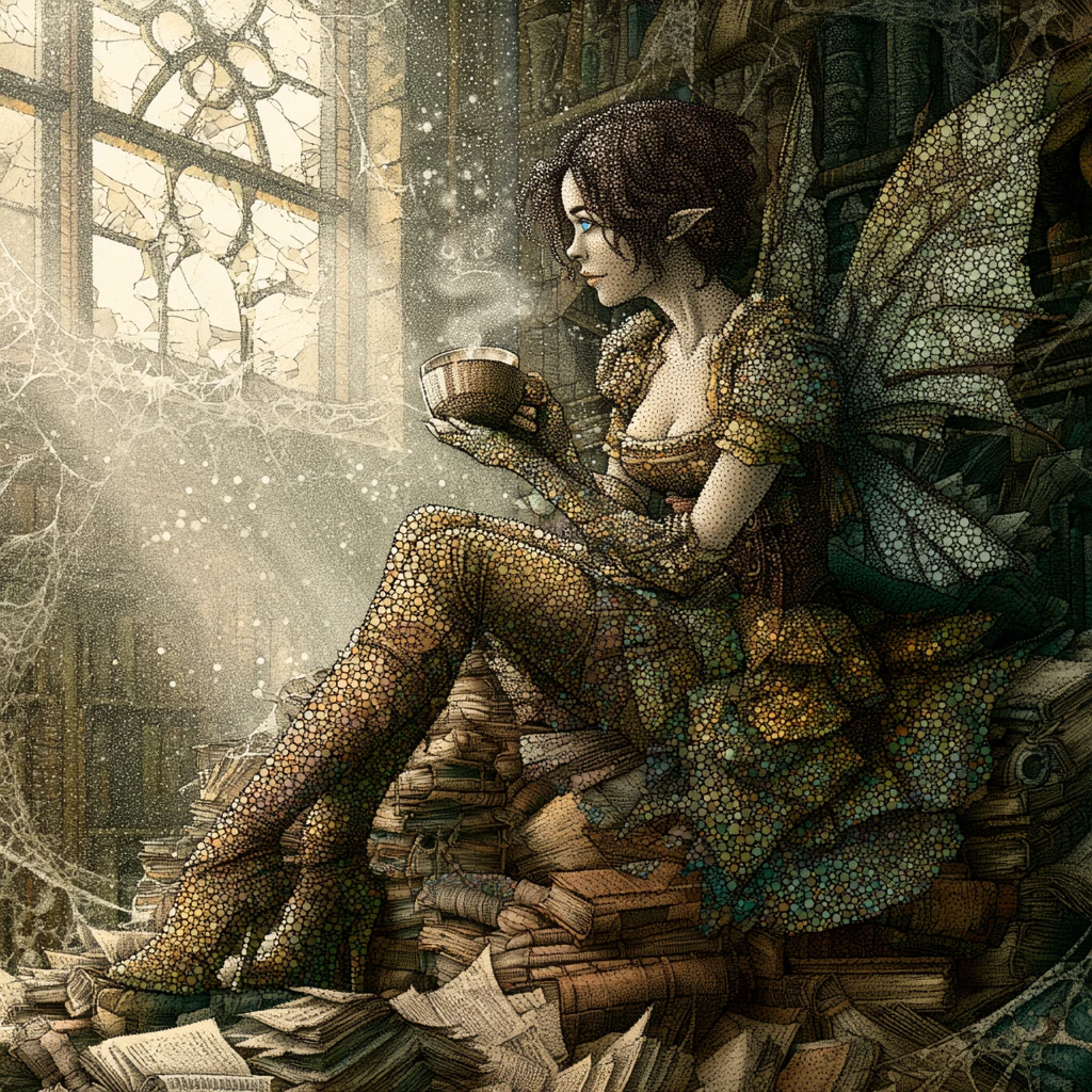 Fada steampunk tomando café sobre livros antigos de biblioteca