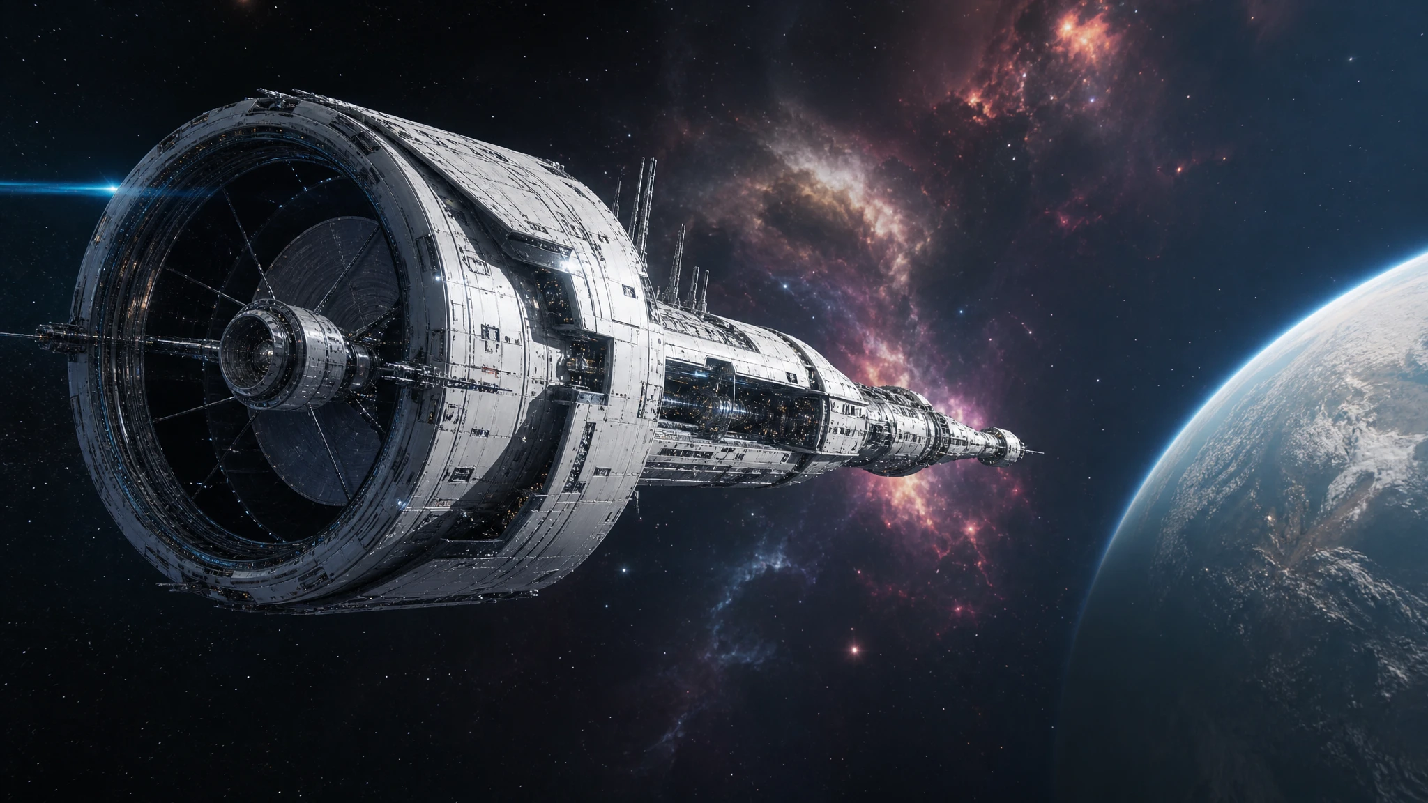 Gigantisches weißes Raumschiff nähert sich einem fernen, farbenfrohen Planeten