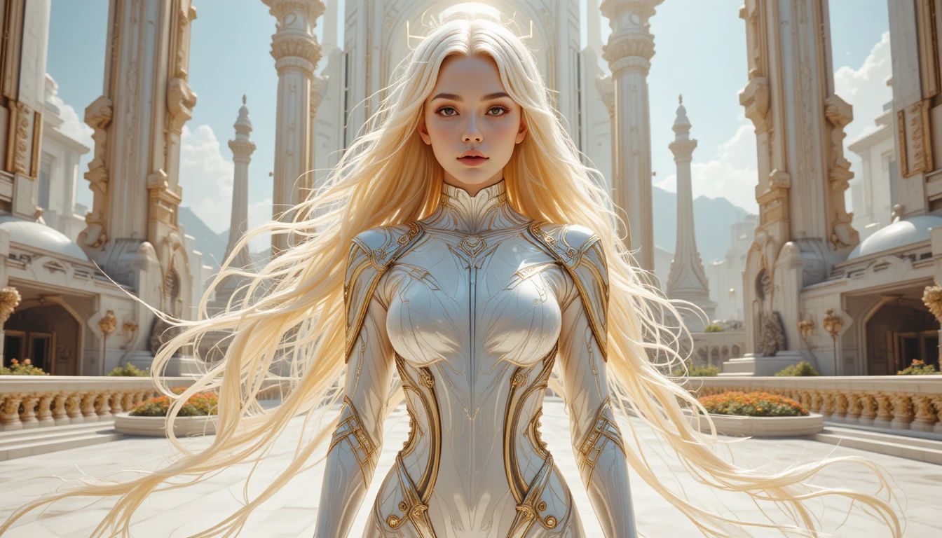 Femme futuriste sur une grande terrasse au-dessus d’une ville galactique