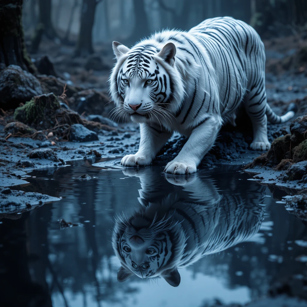 Weißer Tiger, der aus einer spiegelnden tintenbefleckten Pfütze auftaucht