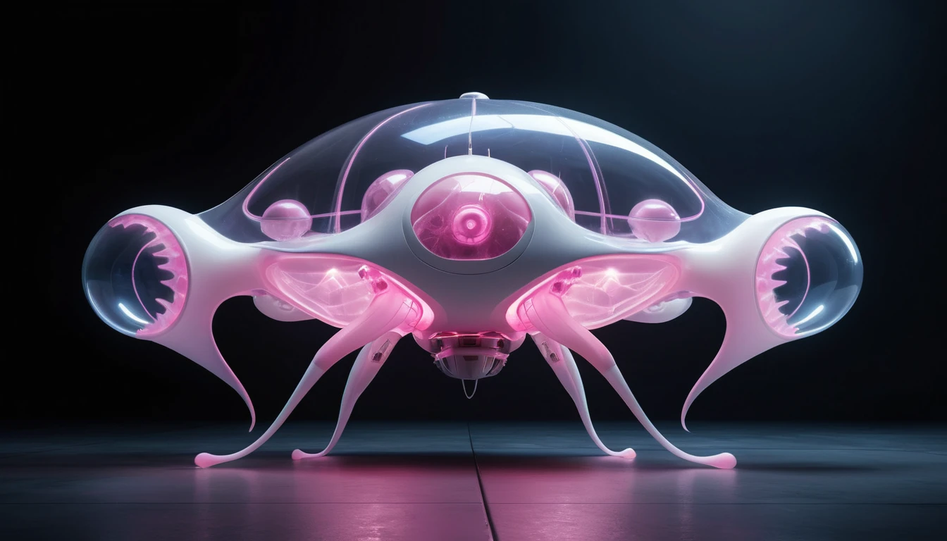 Organische Latex-Sci-Fi-Drohne mit leuchtendem Energiekern