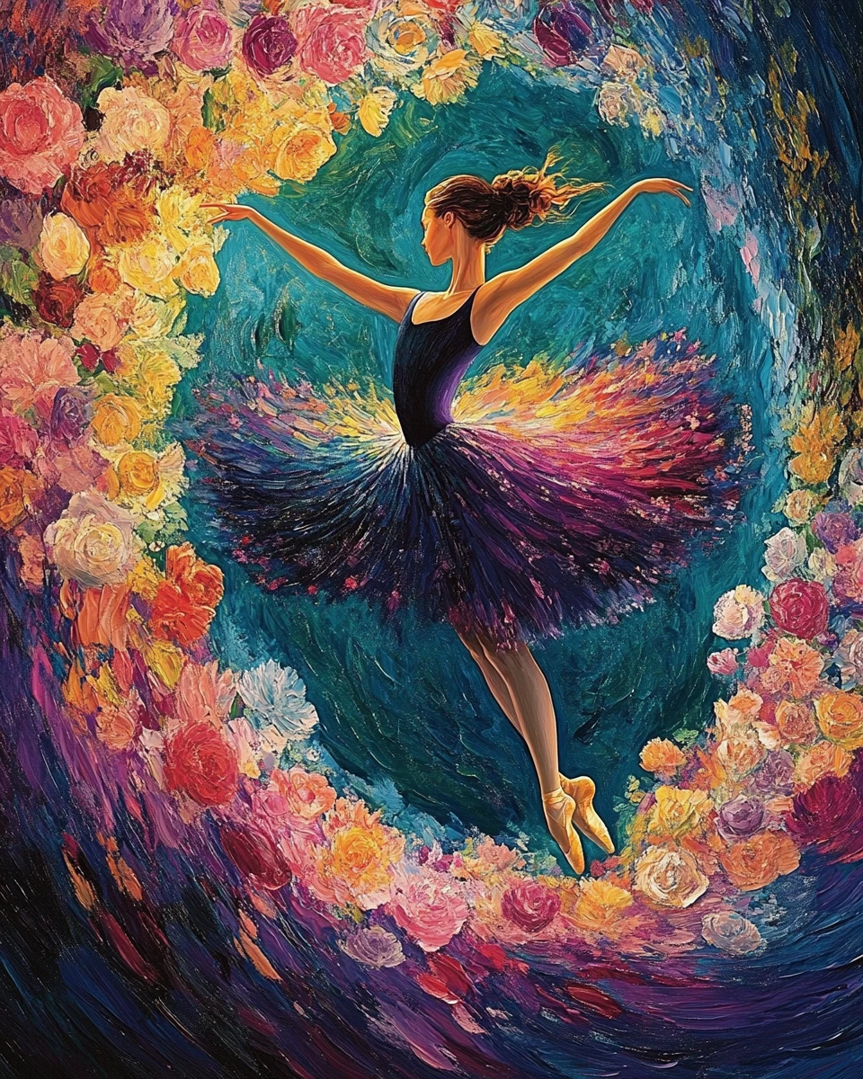 Bailarina com tutu cheio de flores em cena onírica