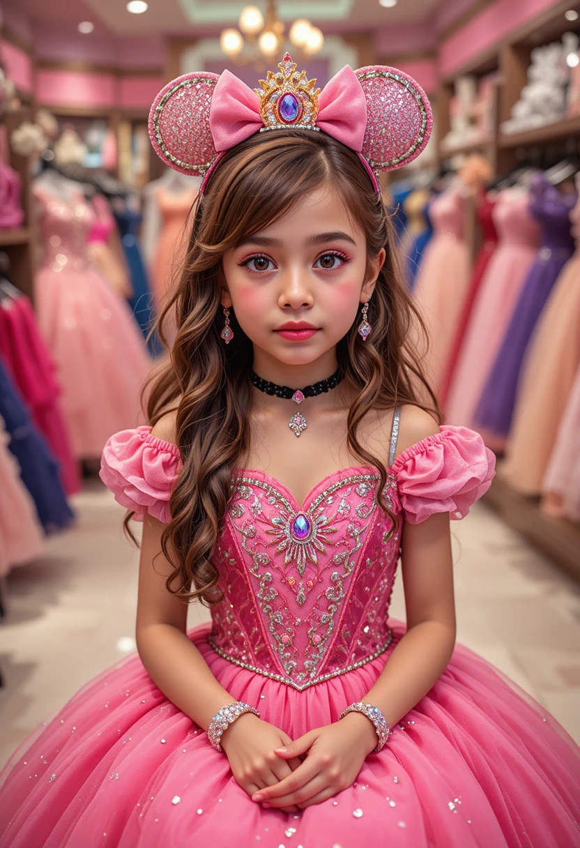 Jovem princesa de vestido rosa dentro de uma loja da Disney