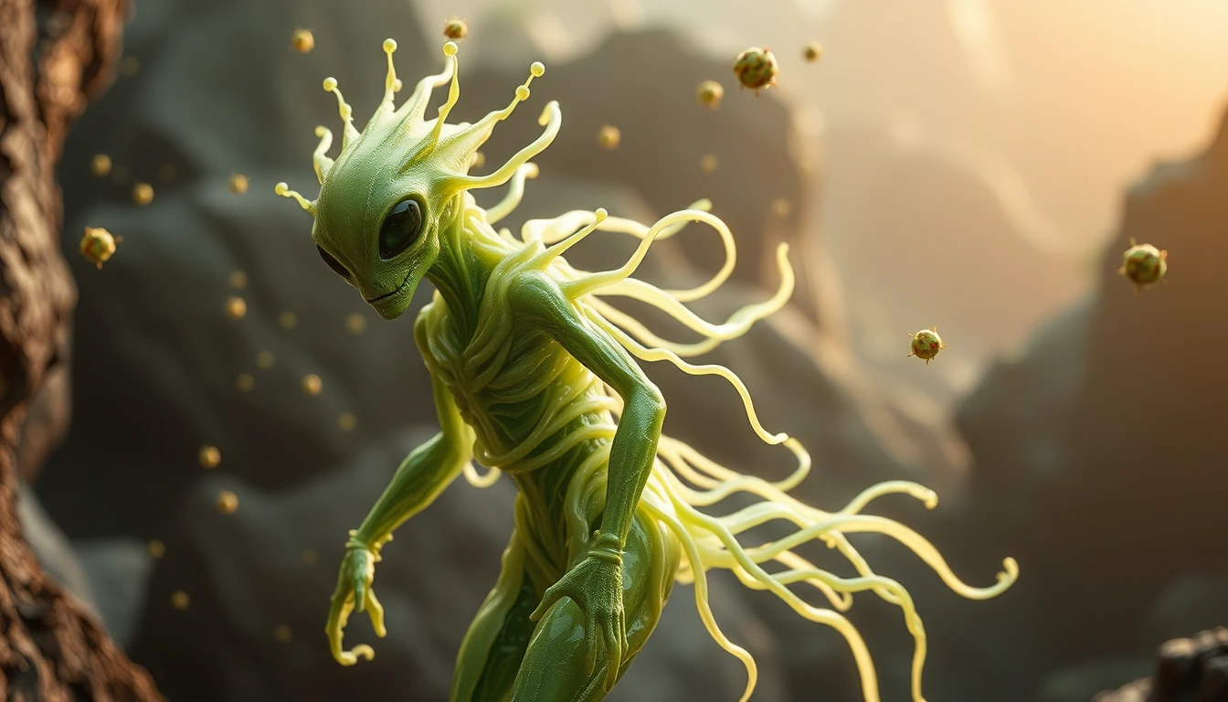 Gardien alien en latex dans un écosystème sci‑fi lumineux
