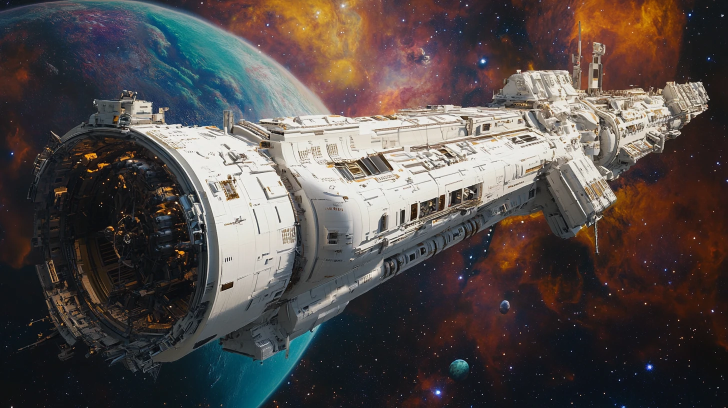 Vaisseau spatial futuriste gigantesque approchant une planète lointaine et colorée