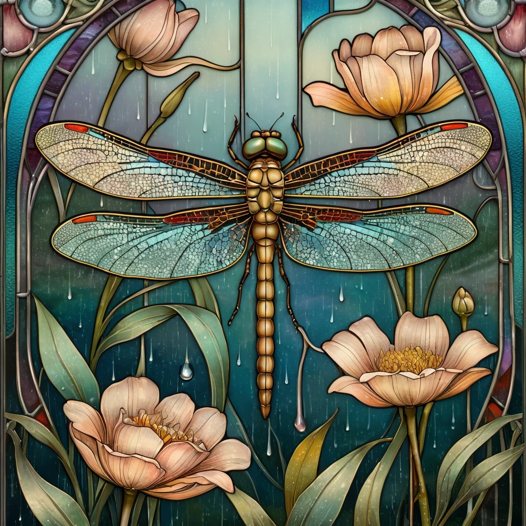 Libellule au-dessus des Fleurs dans un Jardin Pluvieux Art Nouveau