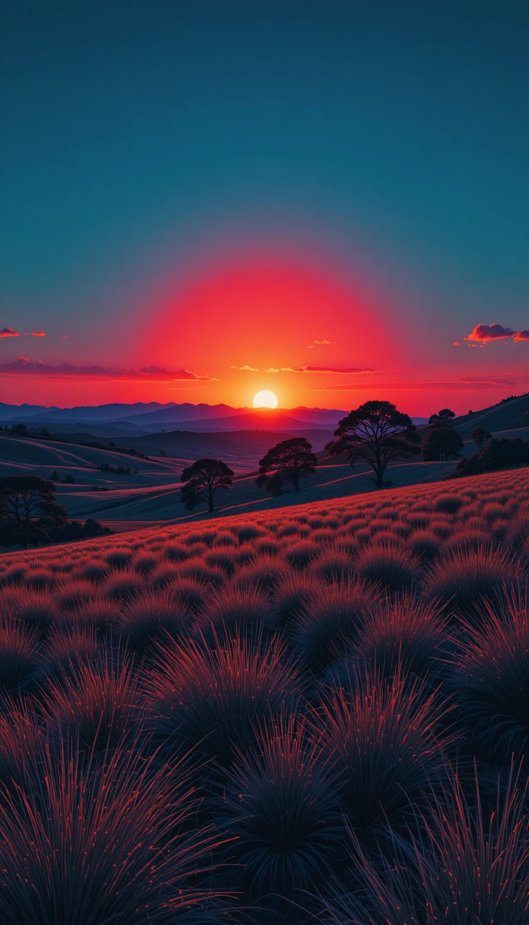Sonnenuntergangshimmel über nebeliger Graslandschaft mit fernen Baumsilhouetten