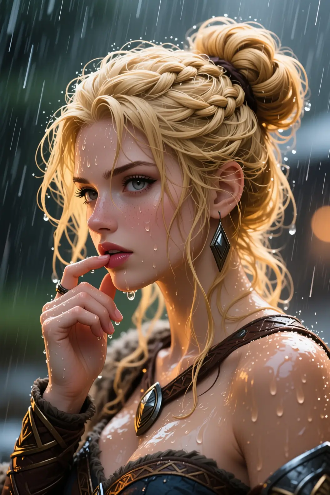 暖かな雨に濡れた金髪アニメ風ヴァイキング女性のポートレート