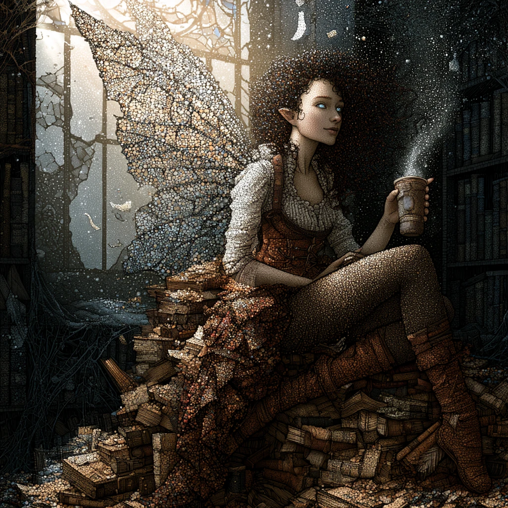 Fada steampunk tomando café em uma biblioteca gótica