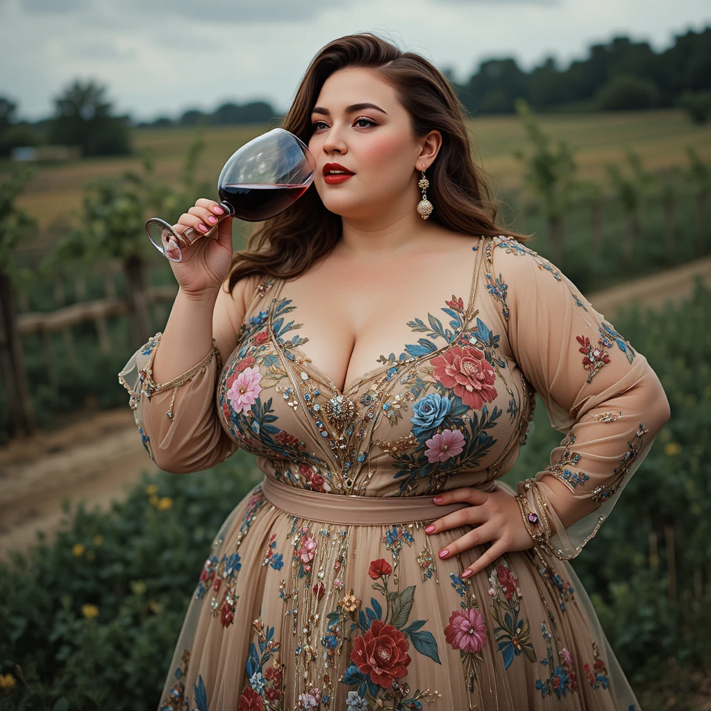 Donna curvy che beve vino in un paesaggio rurale