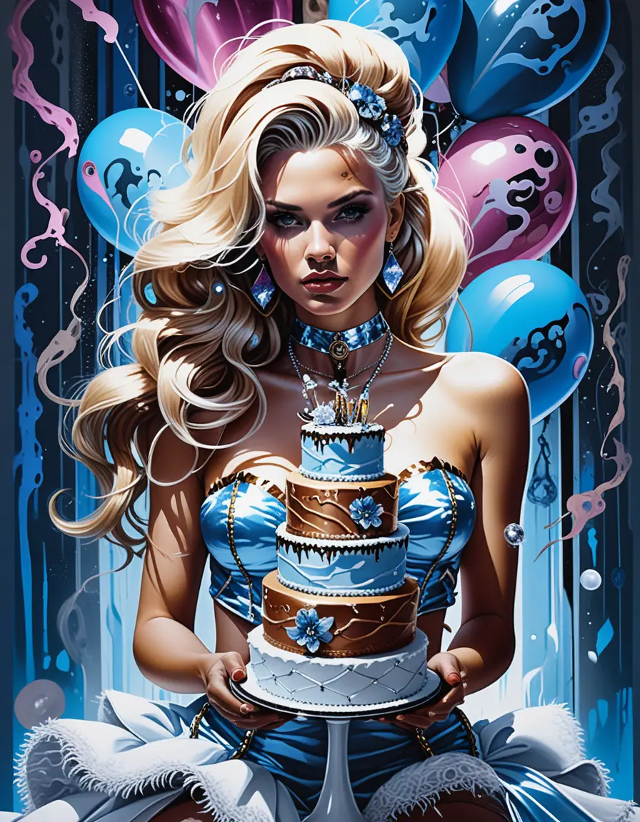 Neon birthday party scene with fantasy punk fashion woman