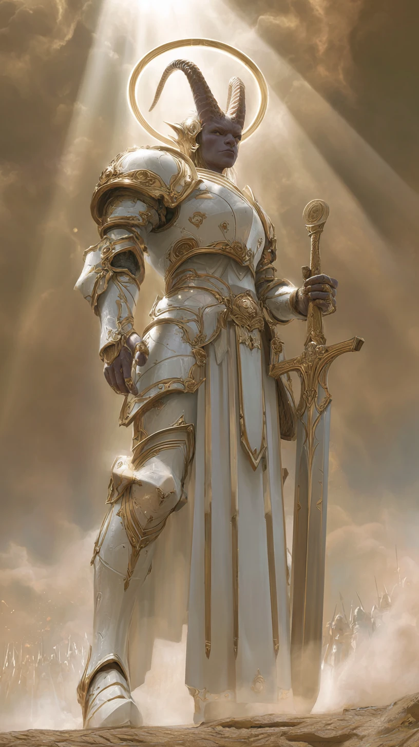 Strahlender Tiefling-Paladin auf einem sonnenbeschienenen Fantasy-Schlachtfeld