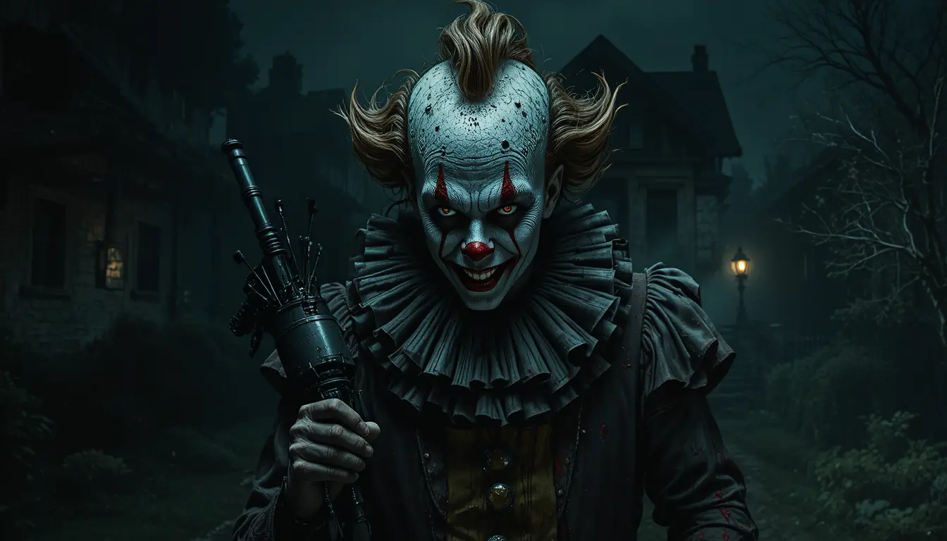 Clown terrifiant émergeant des ténèbres dans une pièce en décomposition