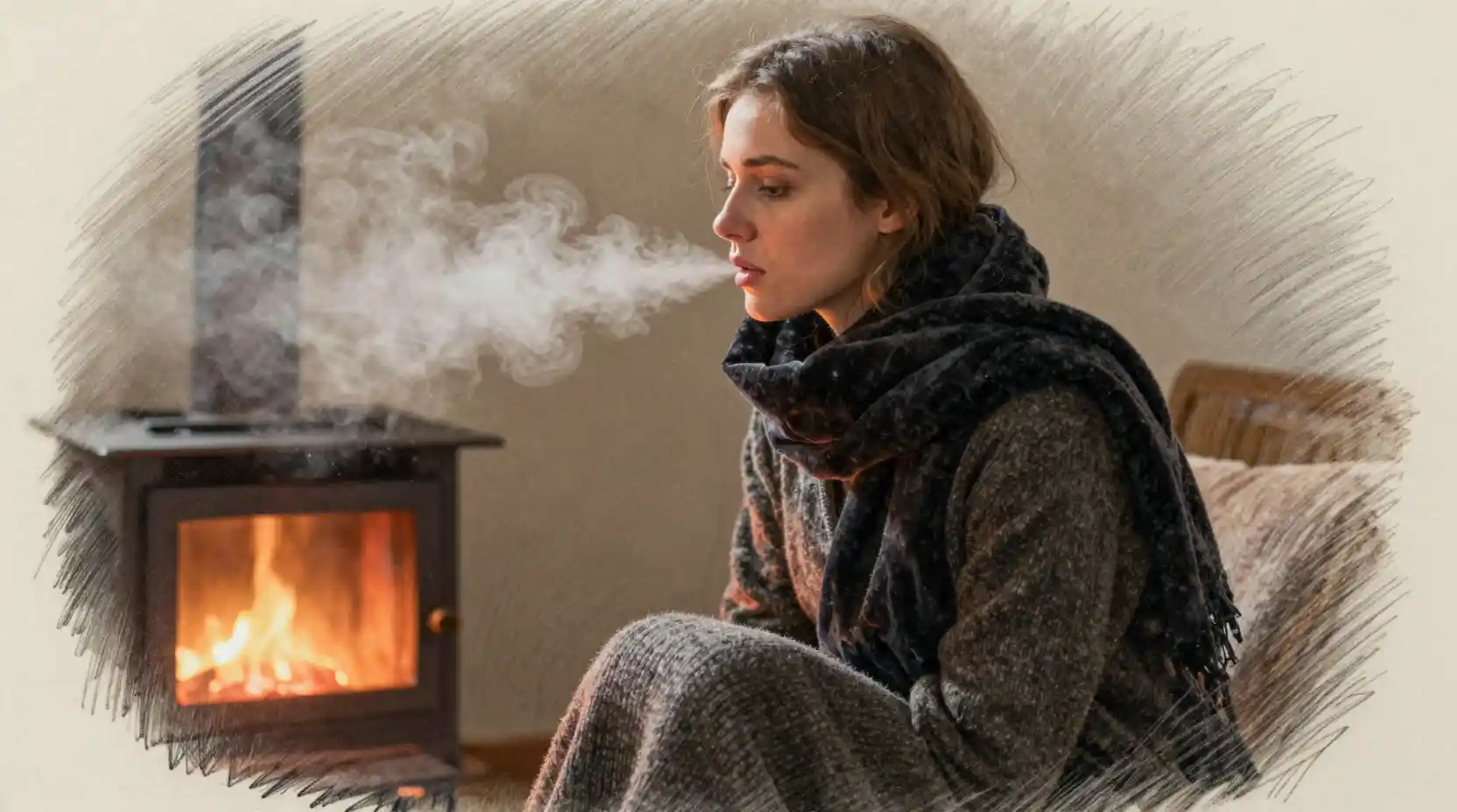 Young woman exhaling misty breath in warm stove light