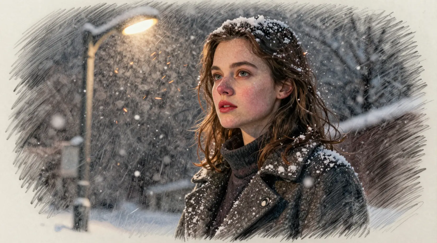 Young woman under a lonely streetlight in falling snow