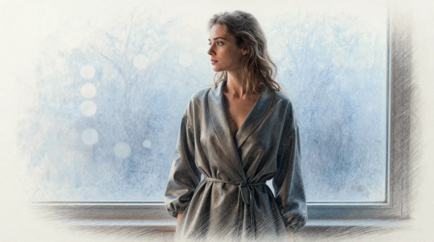 Jeune femme en silhouette devant une fenêtre bleue glacée