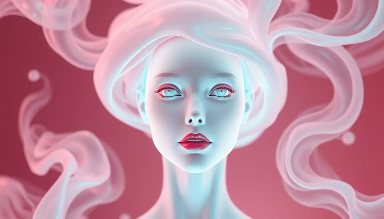 Gentle female AI emerging from pastel swirling latex mist