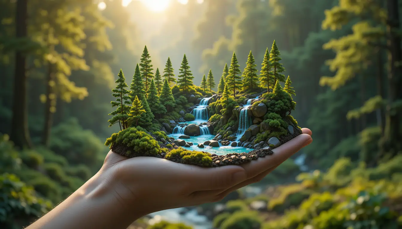 Foresta in miniatura con cascate nel palmo di una mano