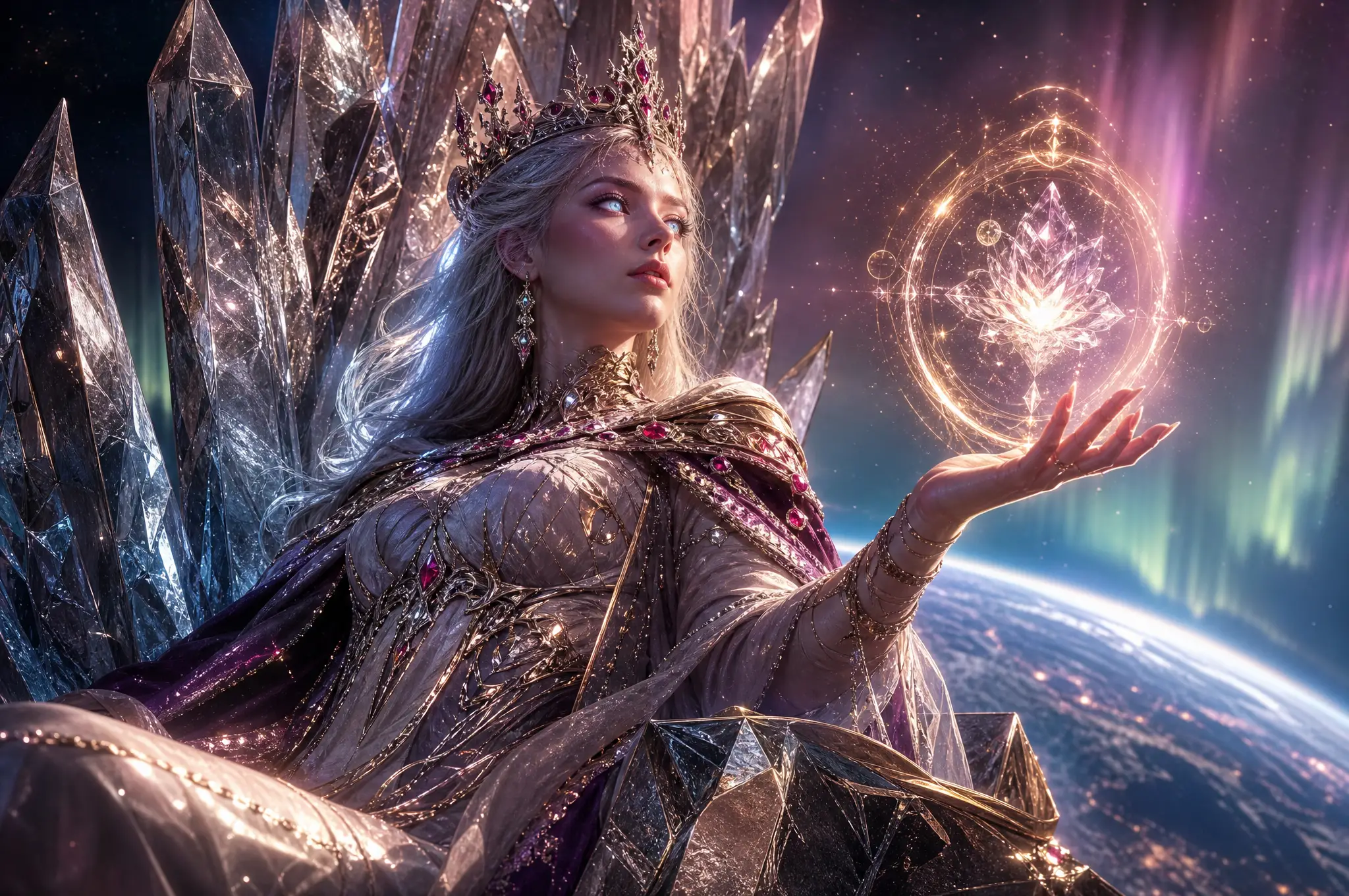 懸浮在地球上方冰霜寶座上的水晶神諭女子