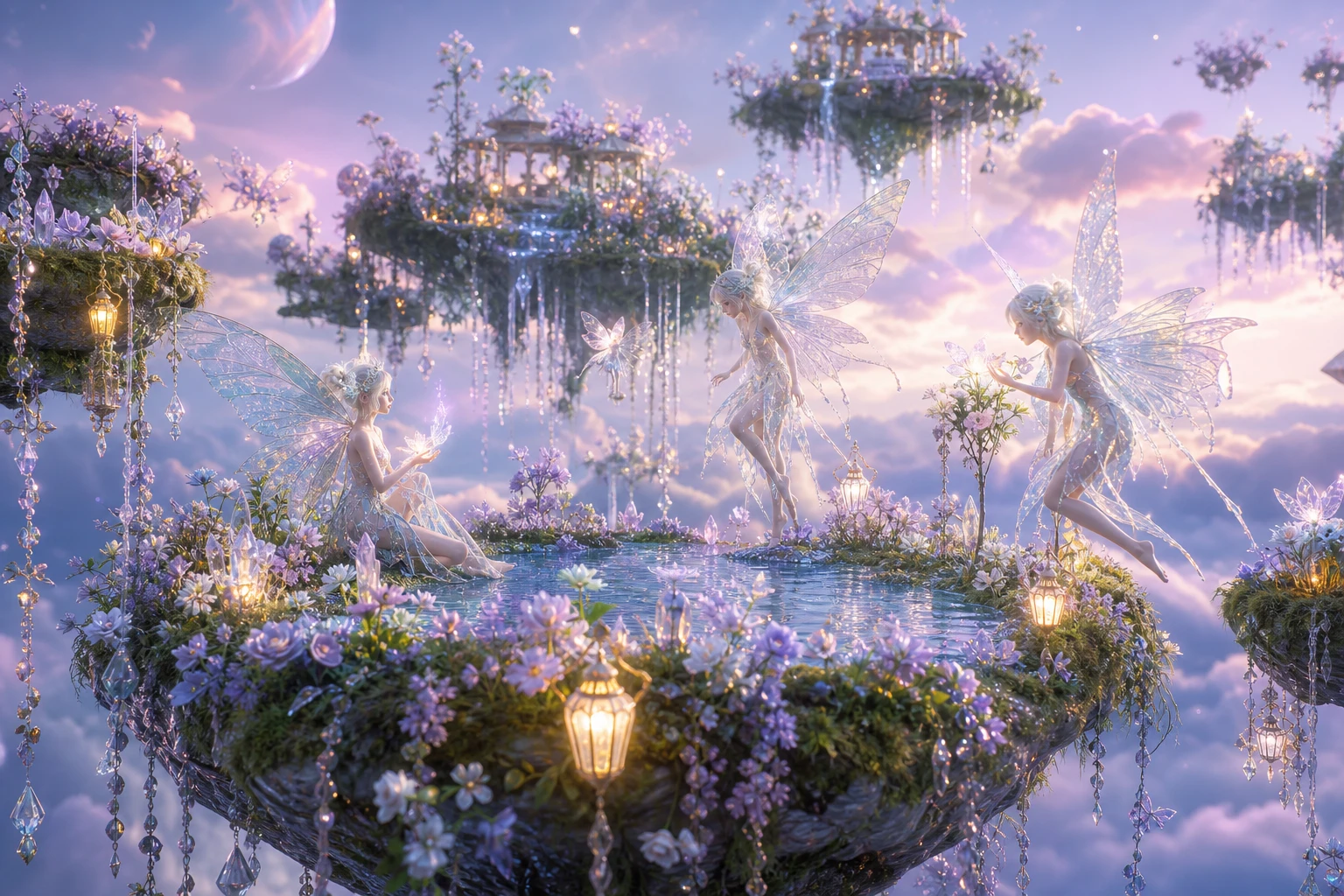 Jardins flutuantes ao crepúsculo com fadas luminosas e suaves raios de luz