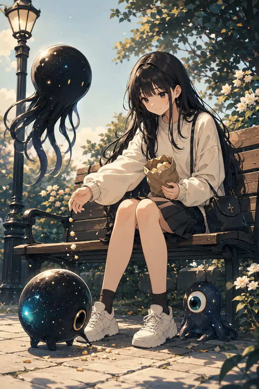 Anime-Mädchen füttert niedliche kosmische Kreaturen auf einer Parkbank