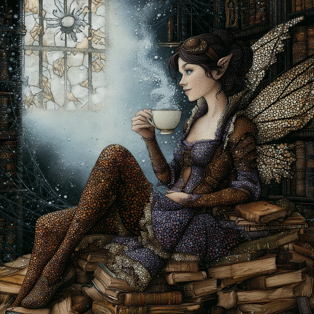 Fada steampunk tomando café sobre antigos livros na biblioteca