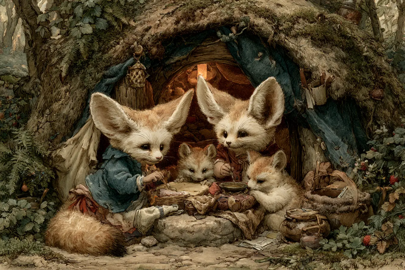 Fennec fox family at a forest hut on a calm morning
