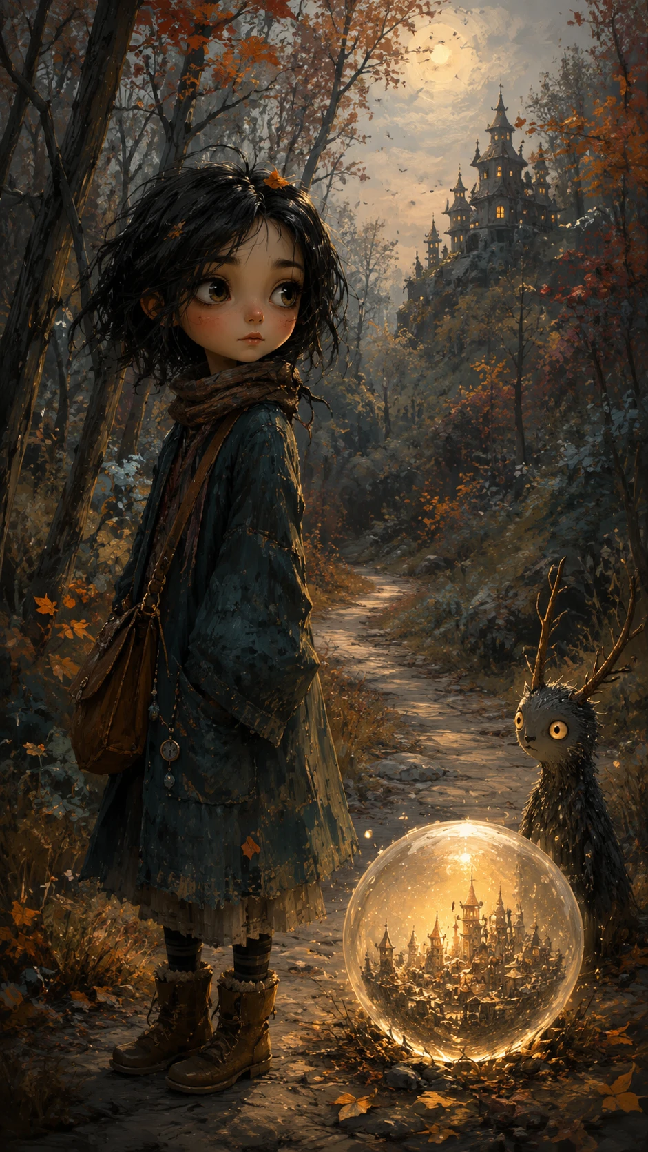Garota em uma trilha na floresta com um orbe brilhante