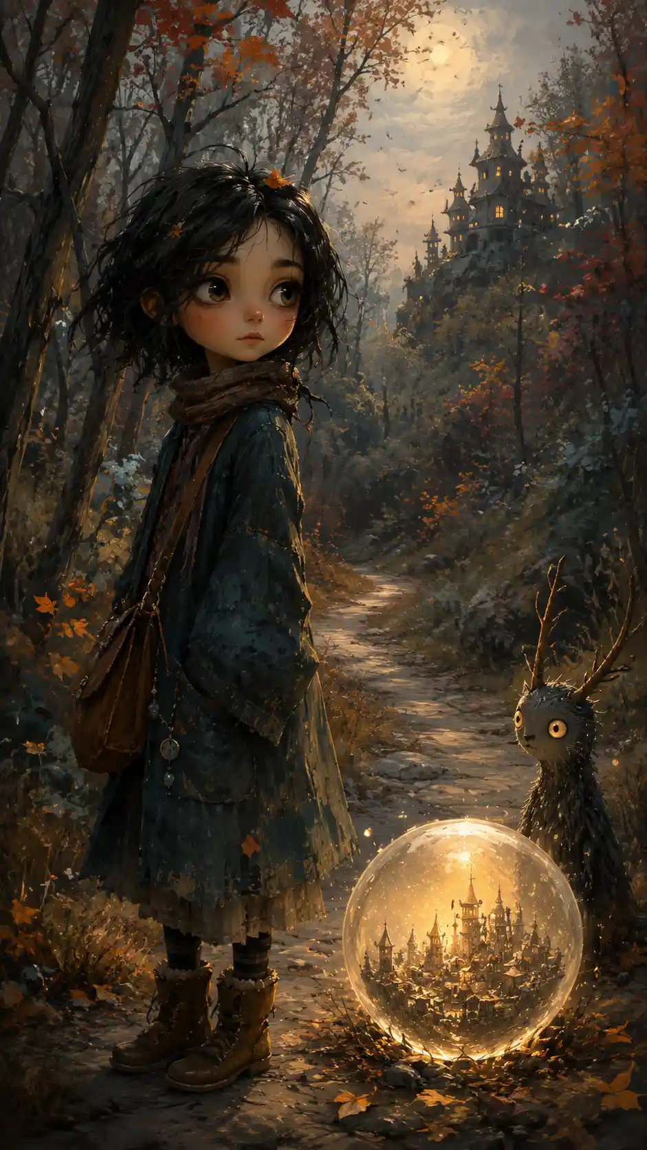 Young girl on a forest path with a glowing orb