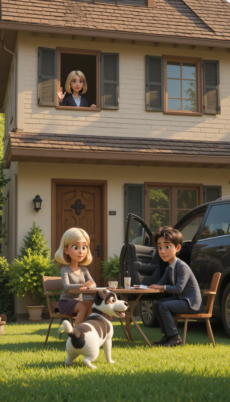 Manhã em família em um sobrado suburbano em estilo cartoon 3D