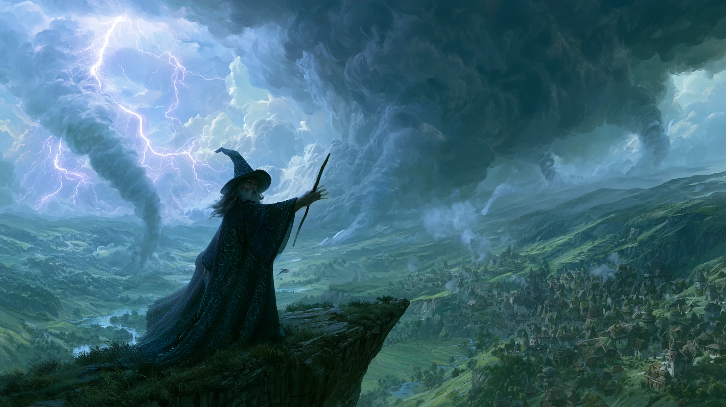 Feiticeiro do mal invocando uma tempestade sobre uma vila no vale