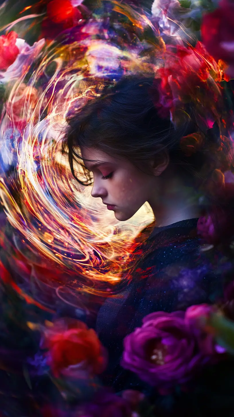 Ritratto surreale di una ragazza che emerge da vividi fiori in fiore