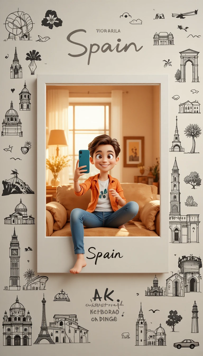 Garota fofa inspirada na Espanha tirando um selfie 3D divertido