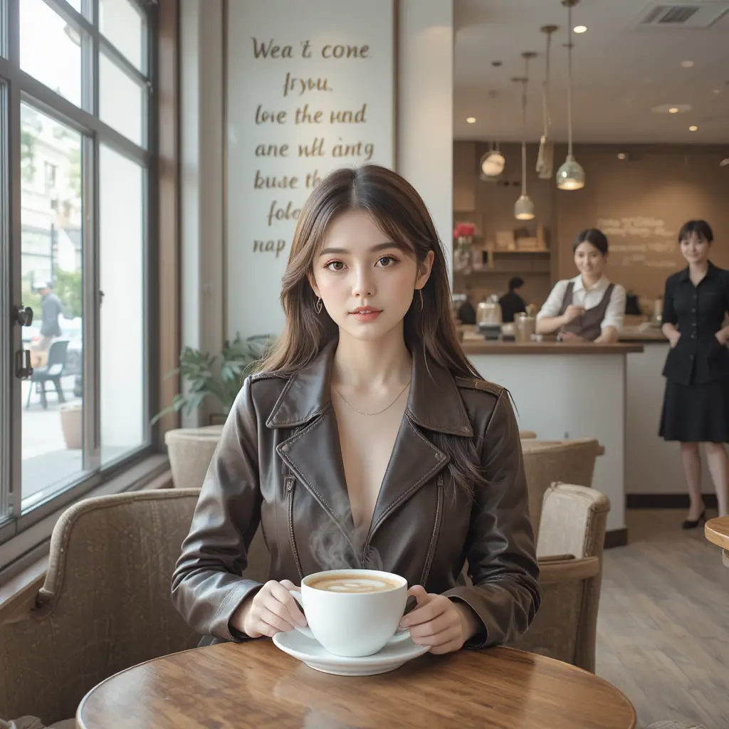 Mädchen im braunen Kleid entspannt in einem gemütlichen Café
