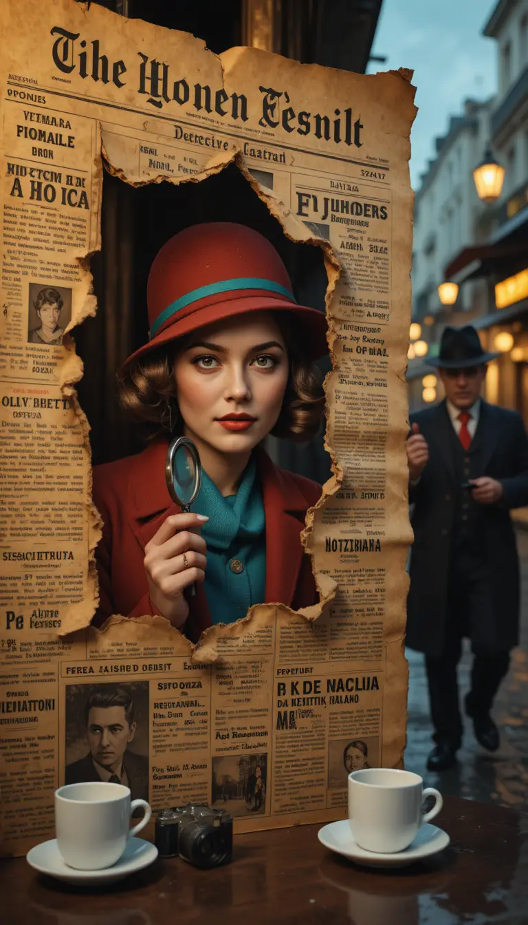 Female detective peering through torn newspaper in vintage Paris