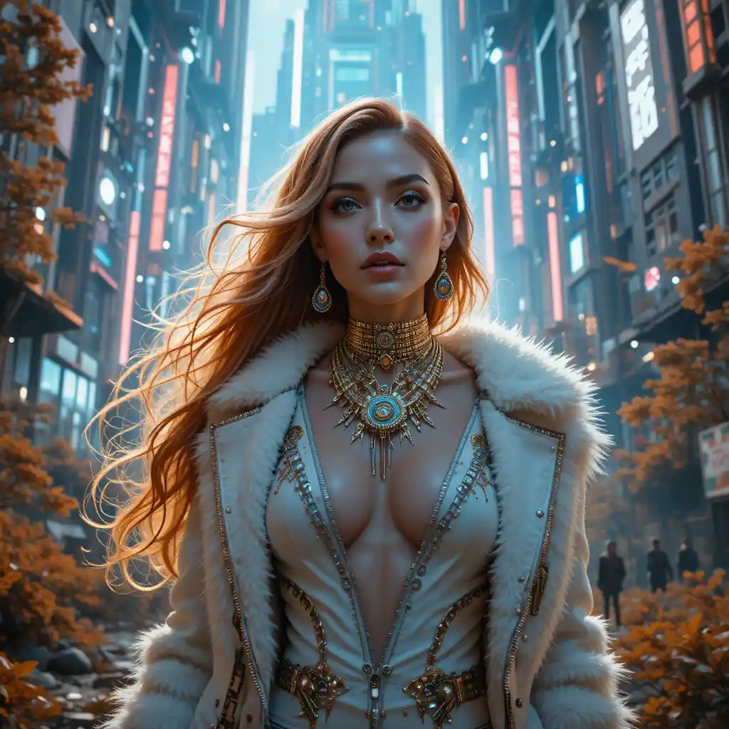 Gros plan cinématographique d’une femme rousse sous le ciel nocturne d’automne