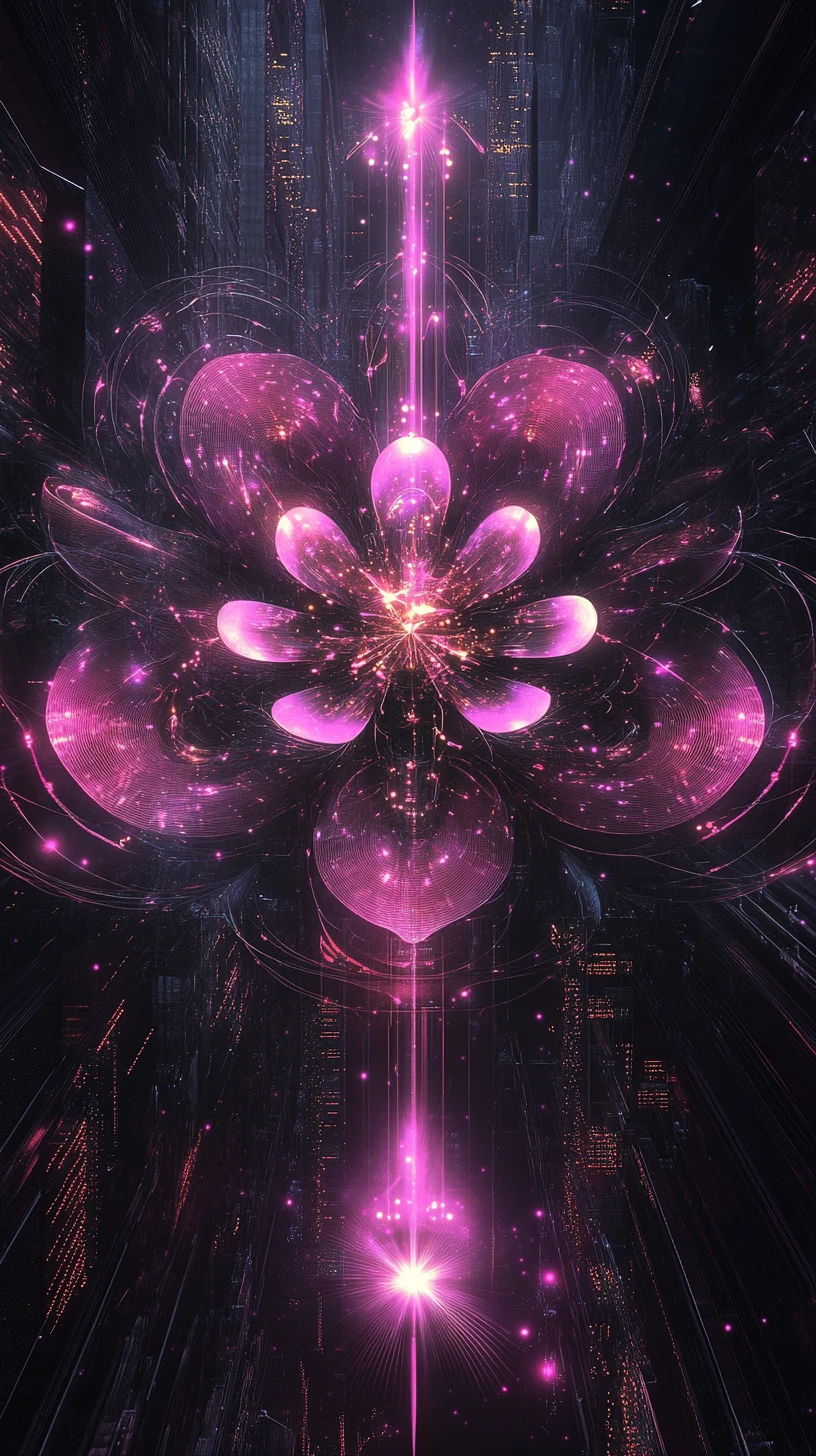Flor de néon futurista construída a partir de estruturas digitais geométricas