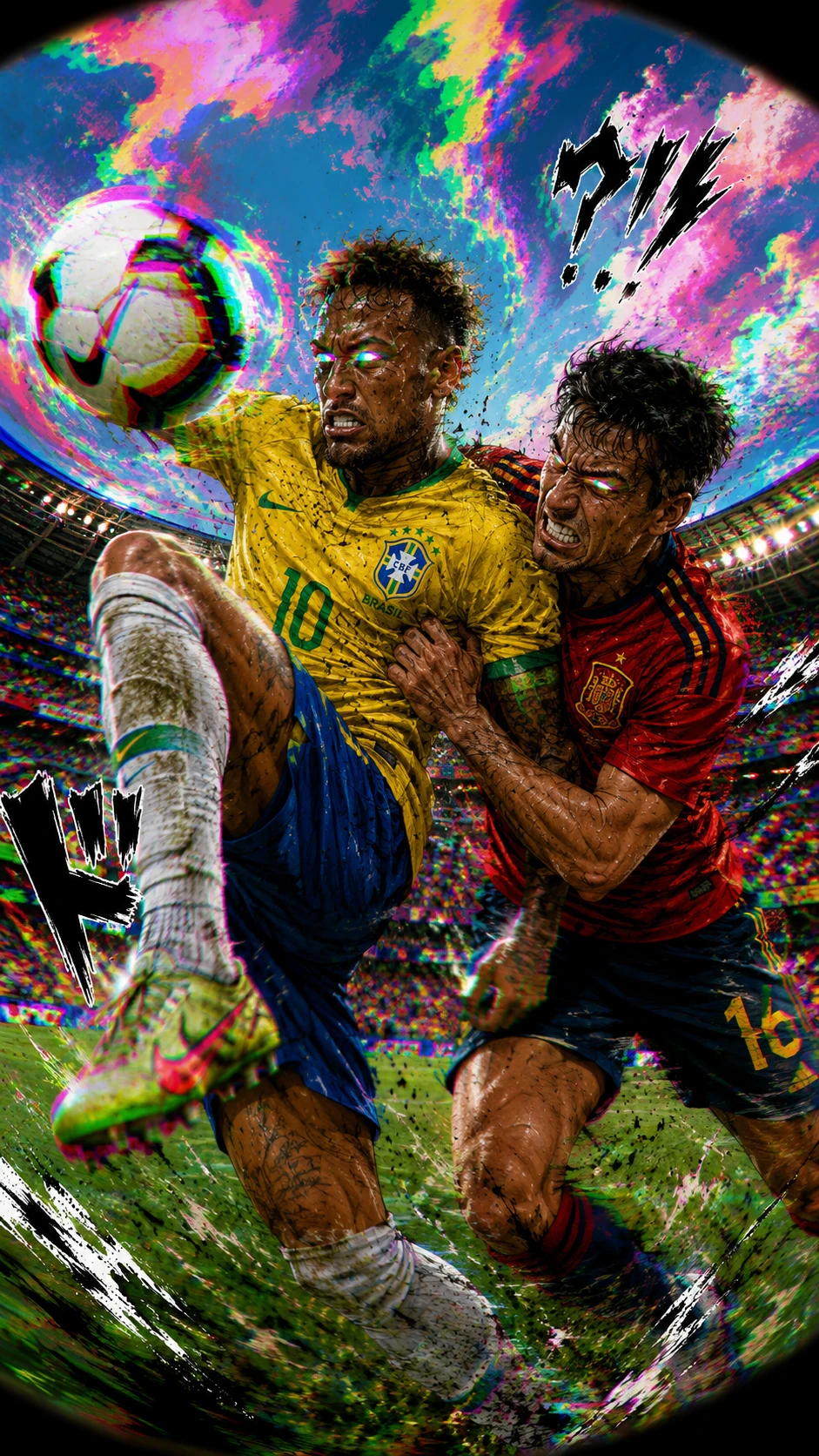 Brazil and Spain soccer clash with surreal comic effects