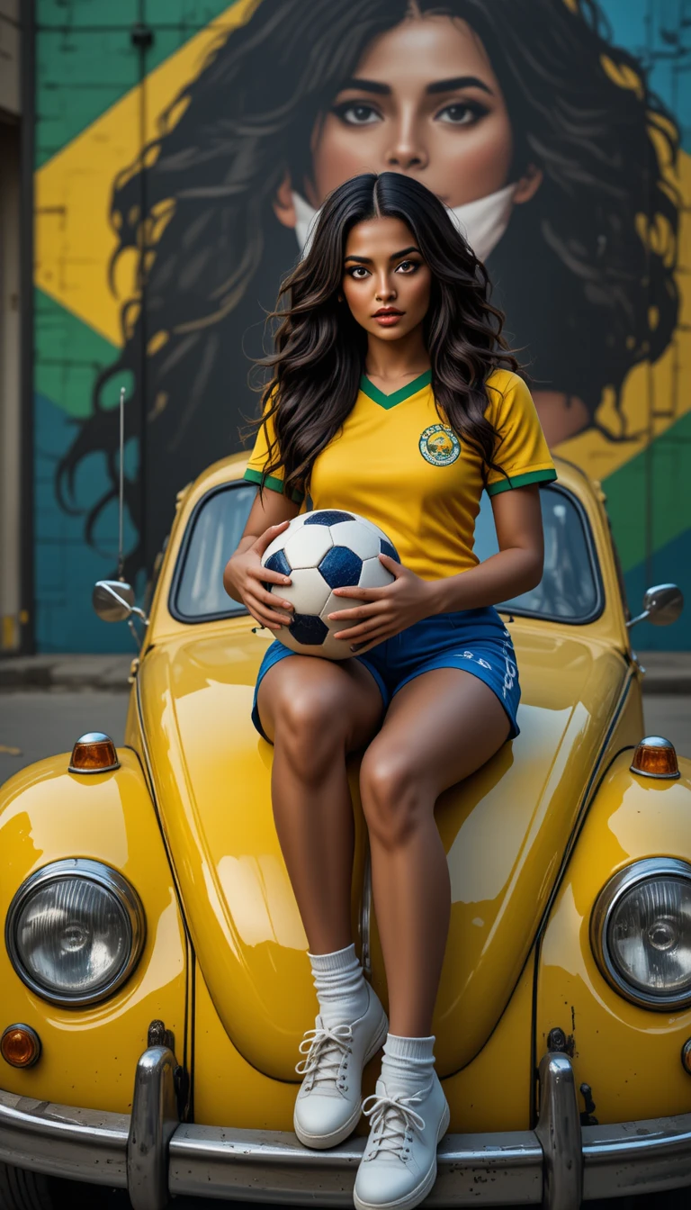 Retrato de rua de mulher brasileira com bola de futebol sobre Fusca