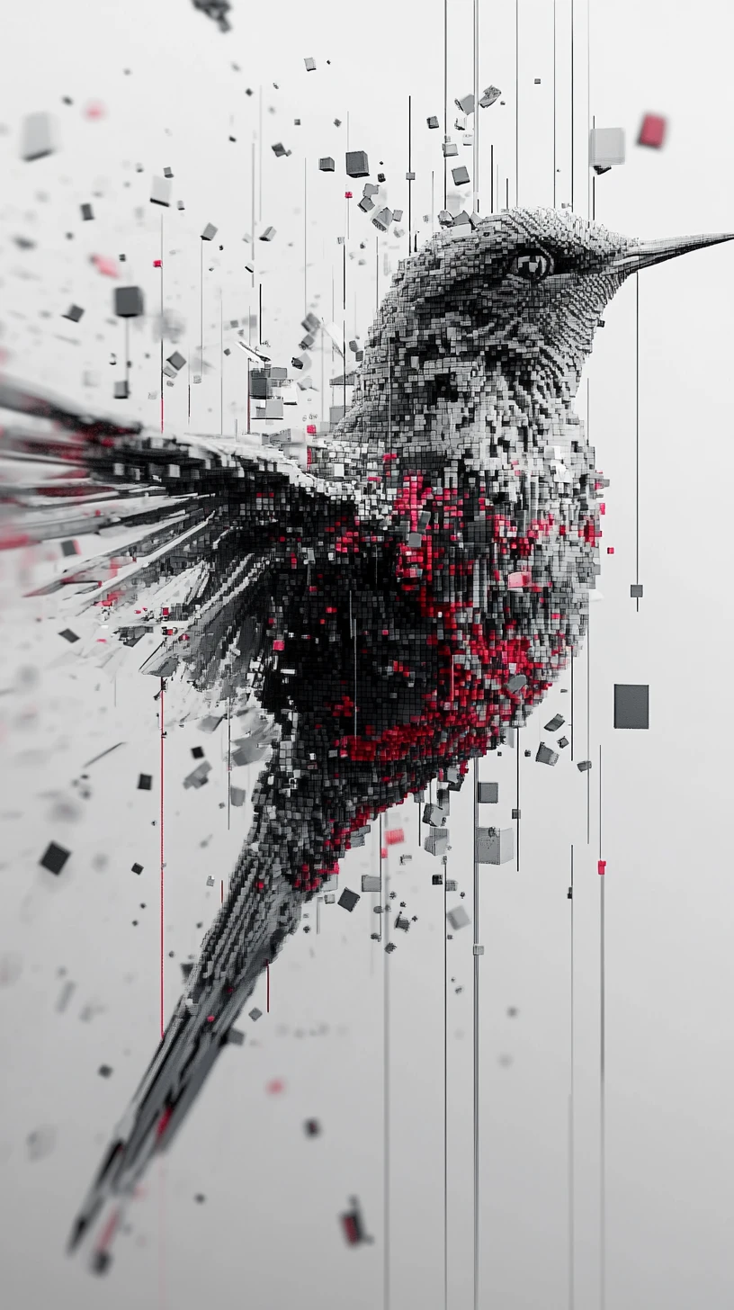 Oiseau architectural formé de structures en niveaux de gris et de voxels colorés