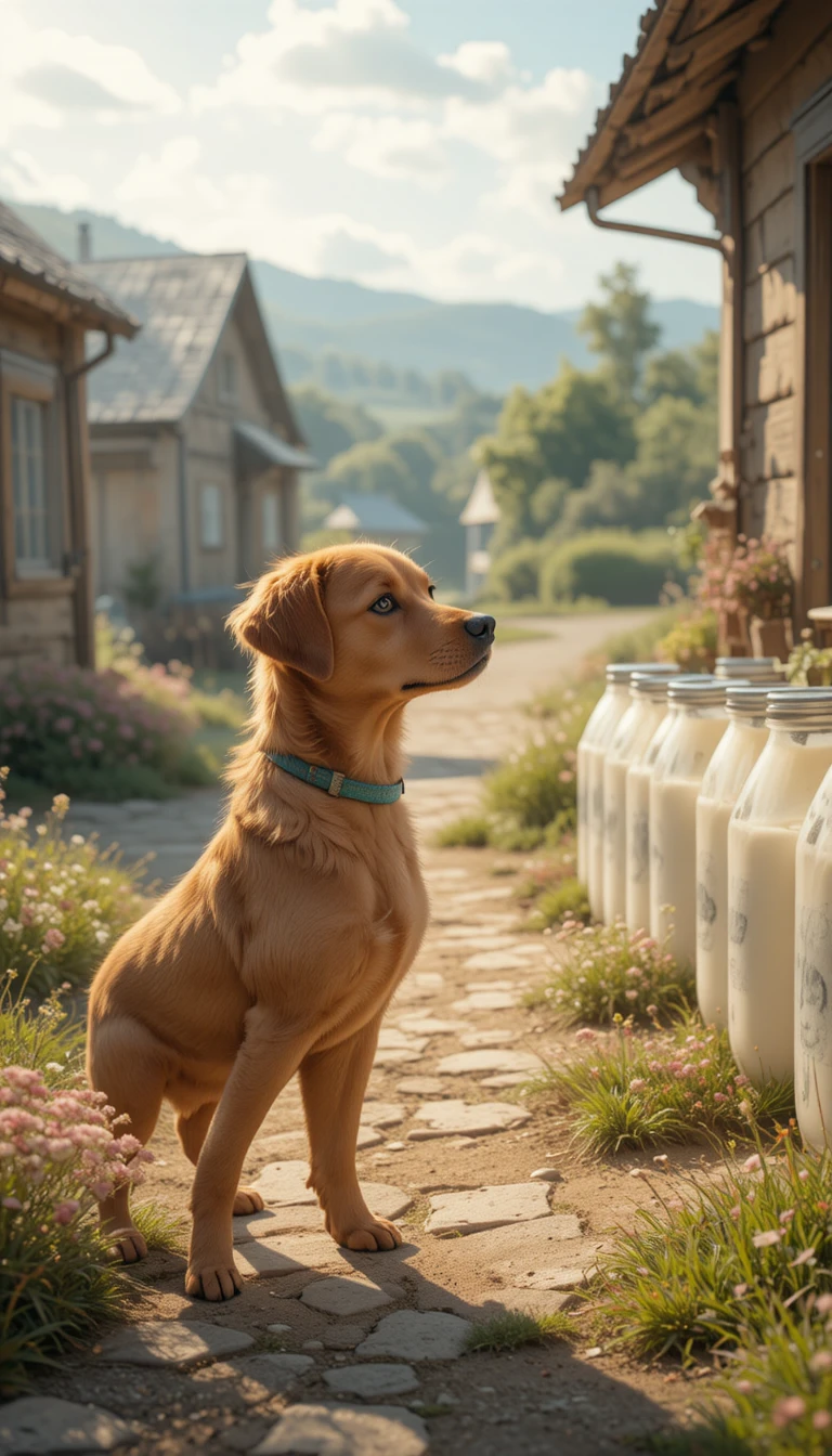Cão marrom curioso observando latas de leite em uma manhã de vila