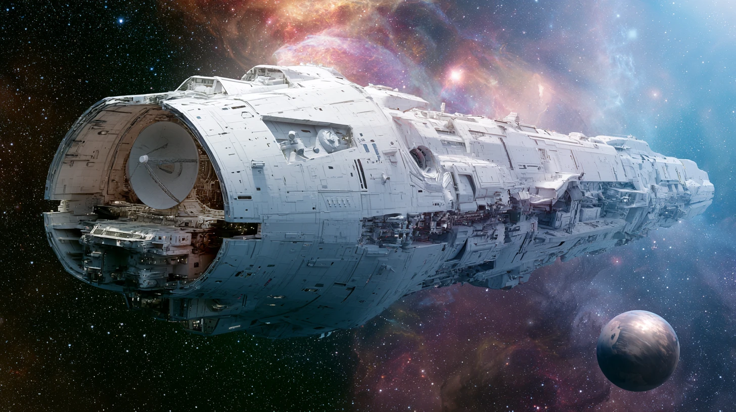 Gigantesca nave espacial branca passando por um planeta colorido e distante