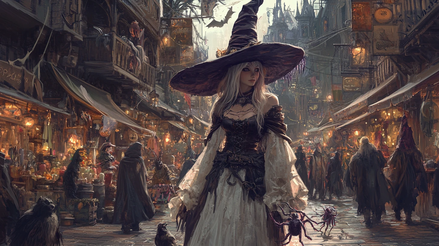 にぎやかな魔法市場を歩く背の高い白い魔女